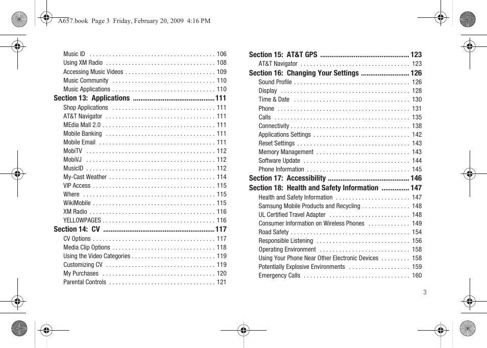 Section 13: applications 111, Section 14: cv 117, Section 15: at&t gps 123 | Section 16: changing your settings 126, Section 17: accessibility 146, Section 18: health and safety information 147 | Samsung SGH-A657ZKAATT User Manual | Page 7 / 184