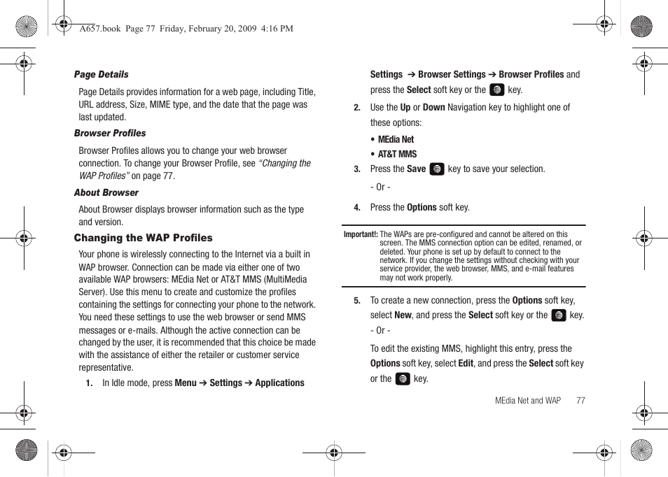 Changing the wap profiles | Samsung SGH-A657ZKAATT User Manual | Page 81 / 184