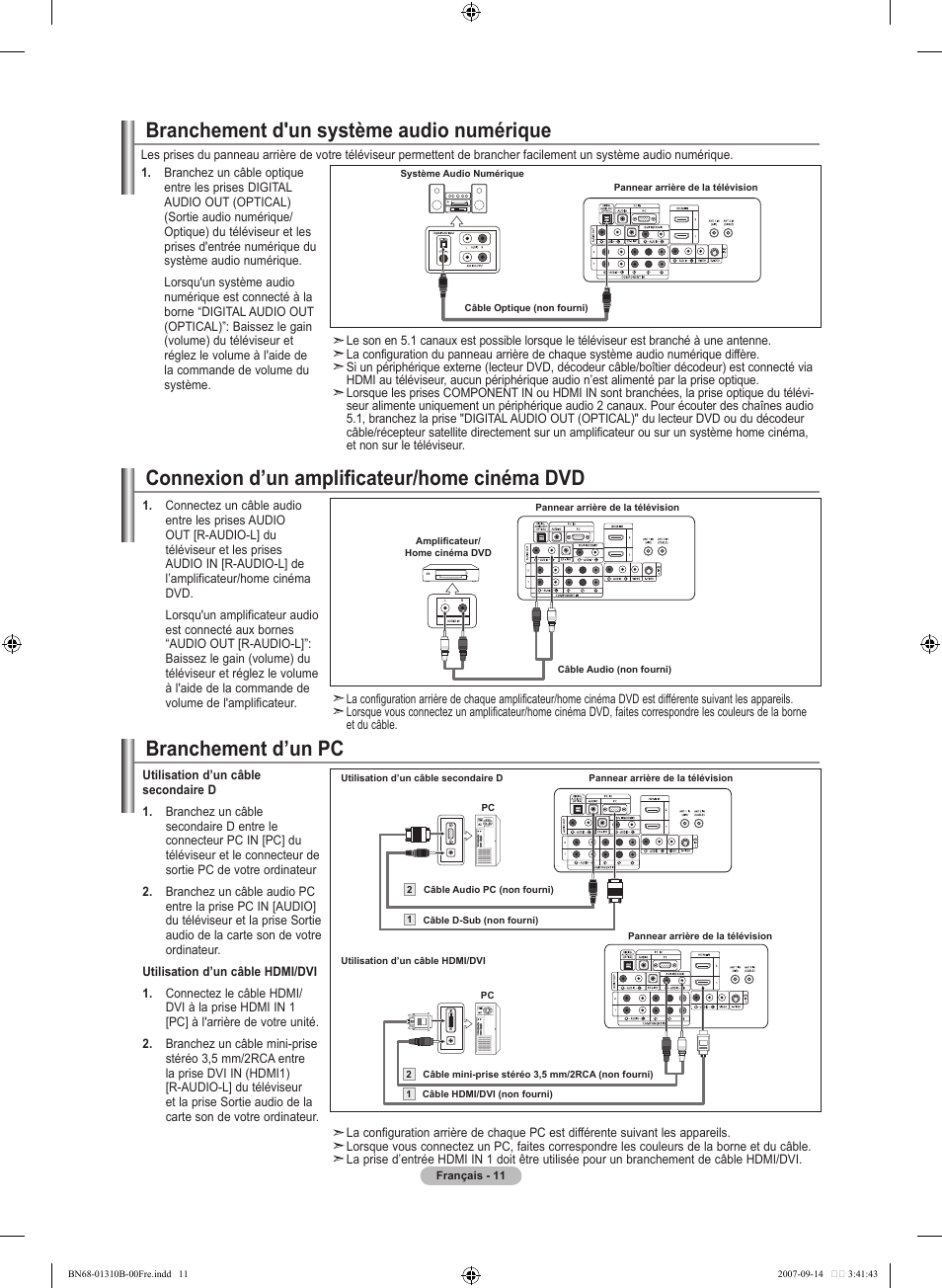 Connexion d’un amplificateur/home cinéma dvd, Branchement d'un système audio numérique, Branchement d’un pc | Samsung LNT4069FX-XAA User Manual | Page 103 / 271