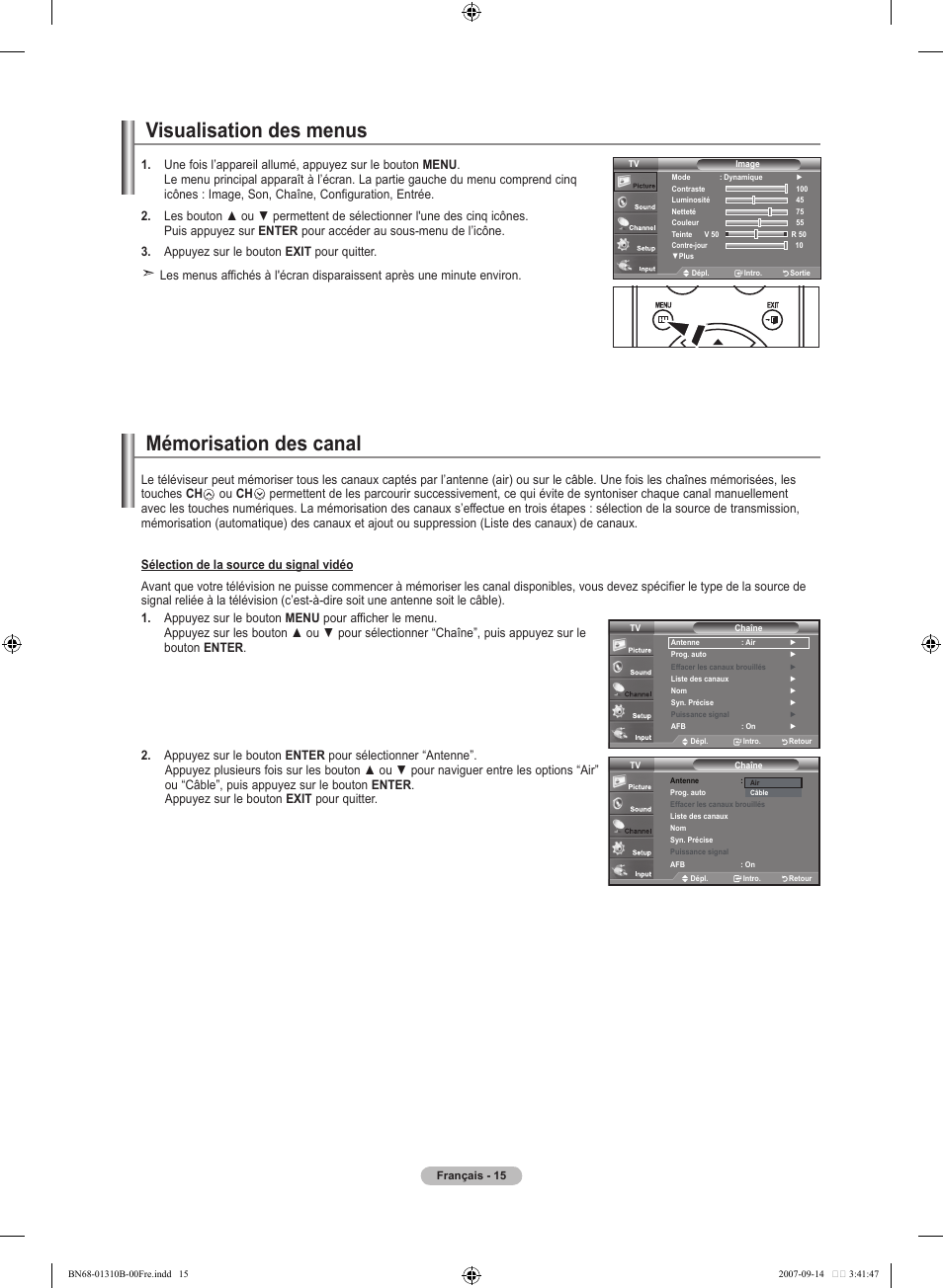 Visualisation des menus, Mémorisation des canal | Samsung LNT4069FX-XAA User Manual | Page 107 / 271