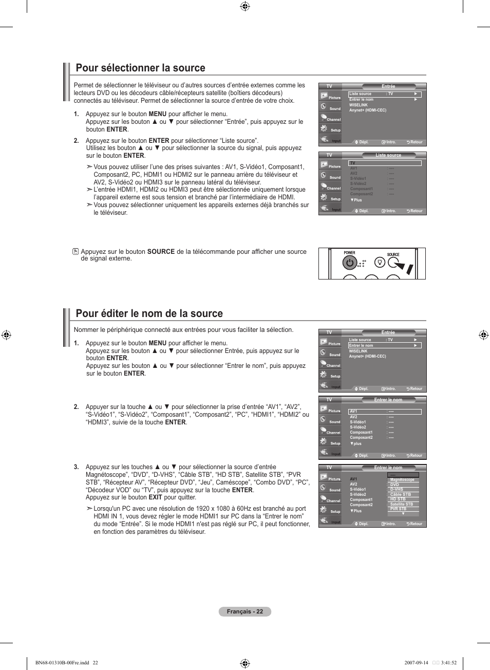 Pour sélectionner la source, Pour éditer le nom de la source | Samsung LNT4069FX-XAA User Manual | Page 114 / 271