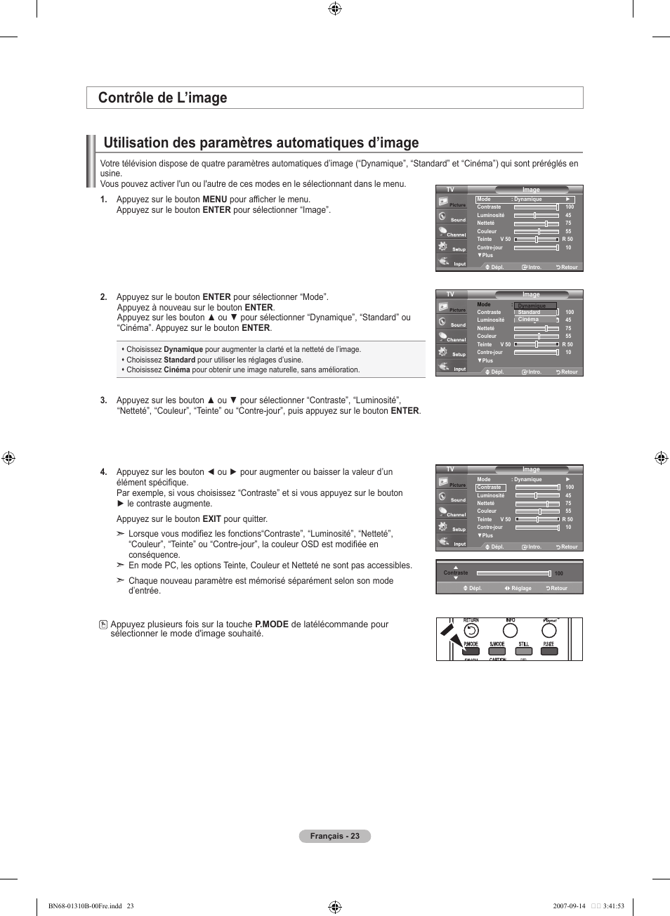 Utilisation des paramètres automatiques d’image, Contrôle de l’image | Samsung LNT4069FX-XAA User Manual | Page 115 / 271