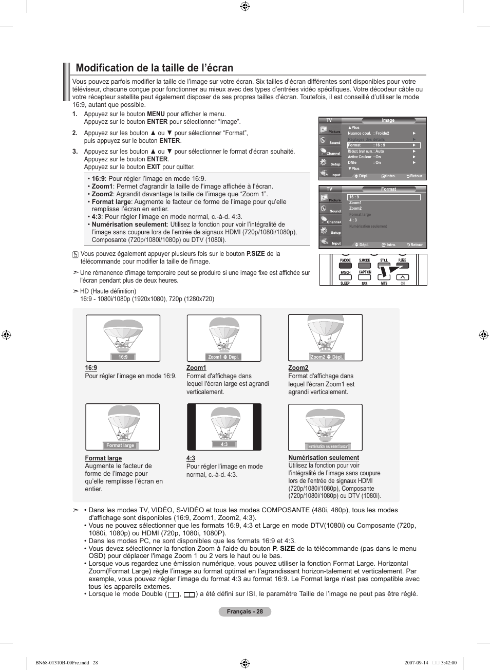 Modification de la taille de l’écran | Samsung LNT4069FX-XAA User Manual | Page 120 / 271