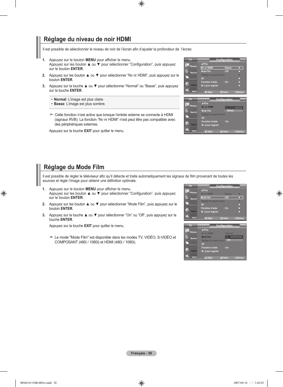 Réglage du niveau de noir hdmi, Réglage du mode film | Samsung LNT4069FX-XAA User Manual | Page 122 / 271