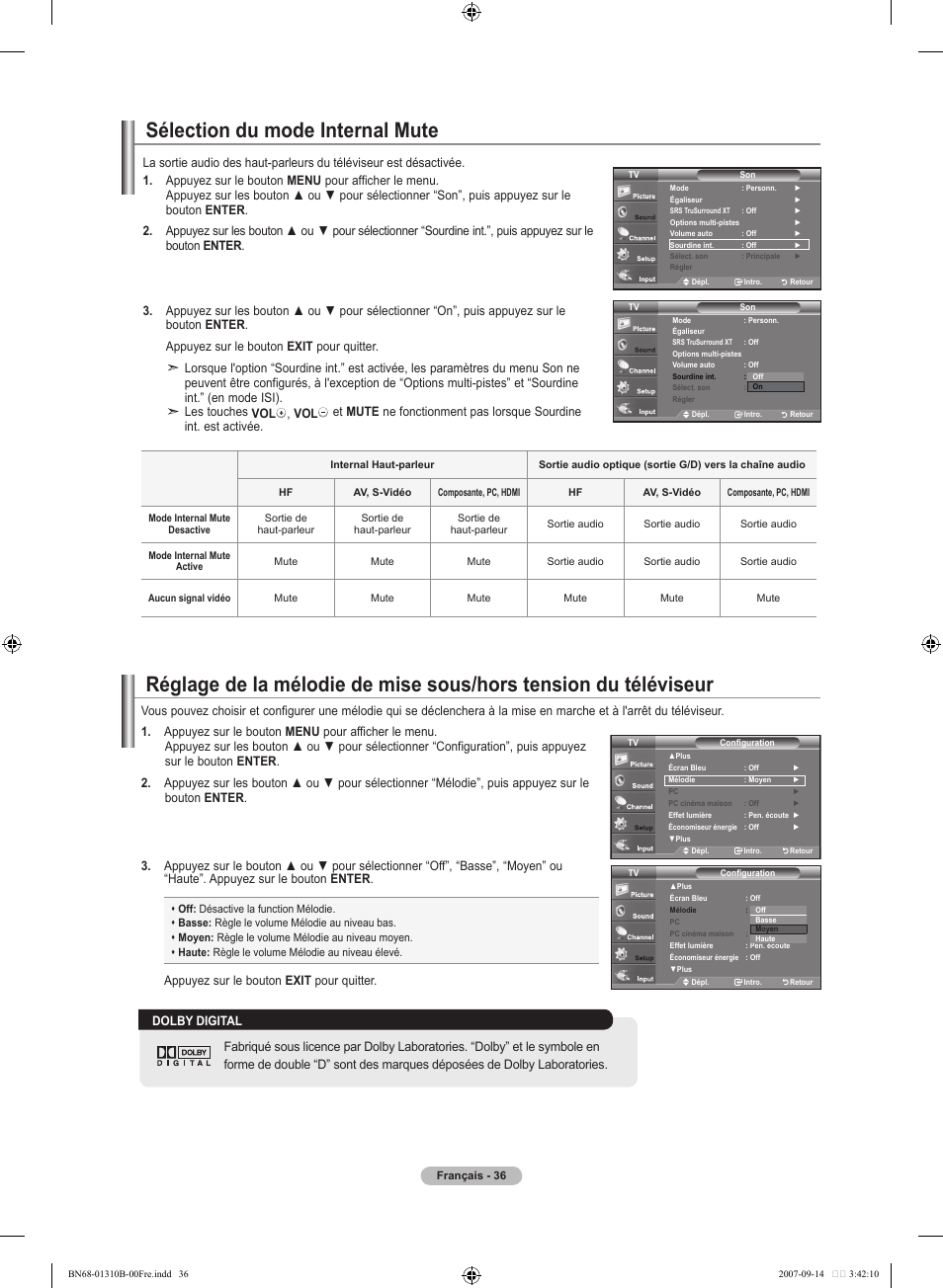 Sélection du mode internal mute | Samsung LNT4069FX-XAA User Manual | Page 128 / 271