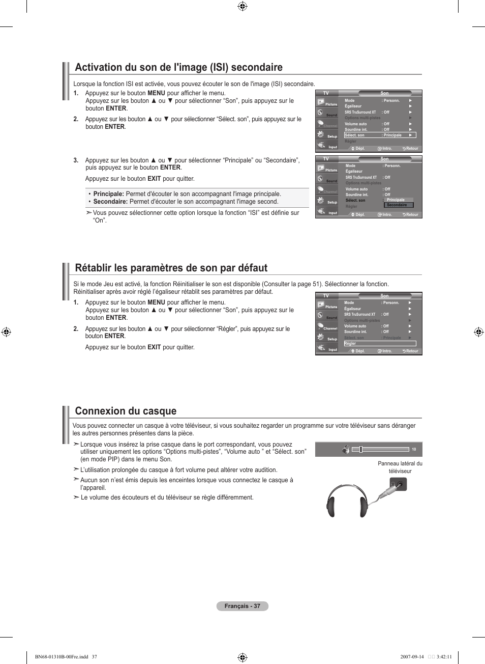 Rétablir les paramètres de son par défaut, Connexion du casque, Activation du son de l'image (isi) secondaire | Samsung LNT4069FX-XAA User Manual | Page 129 / 271