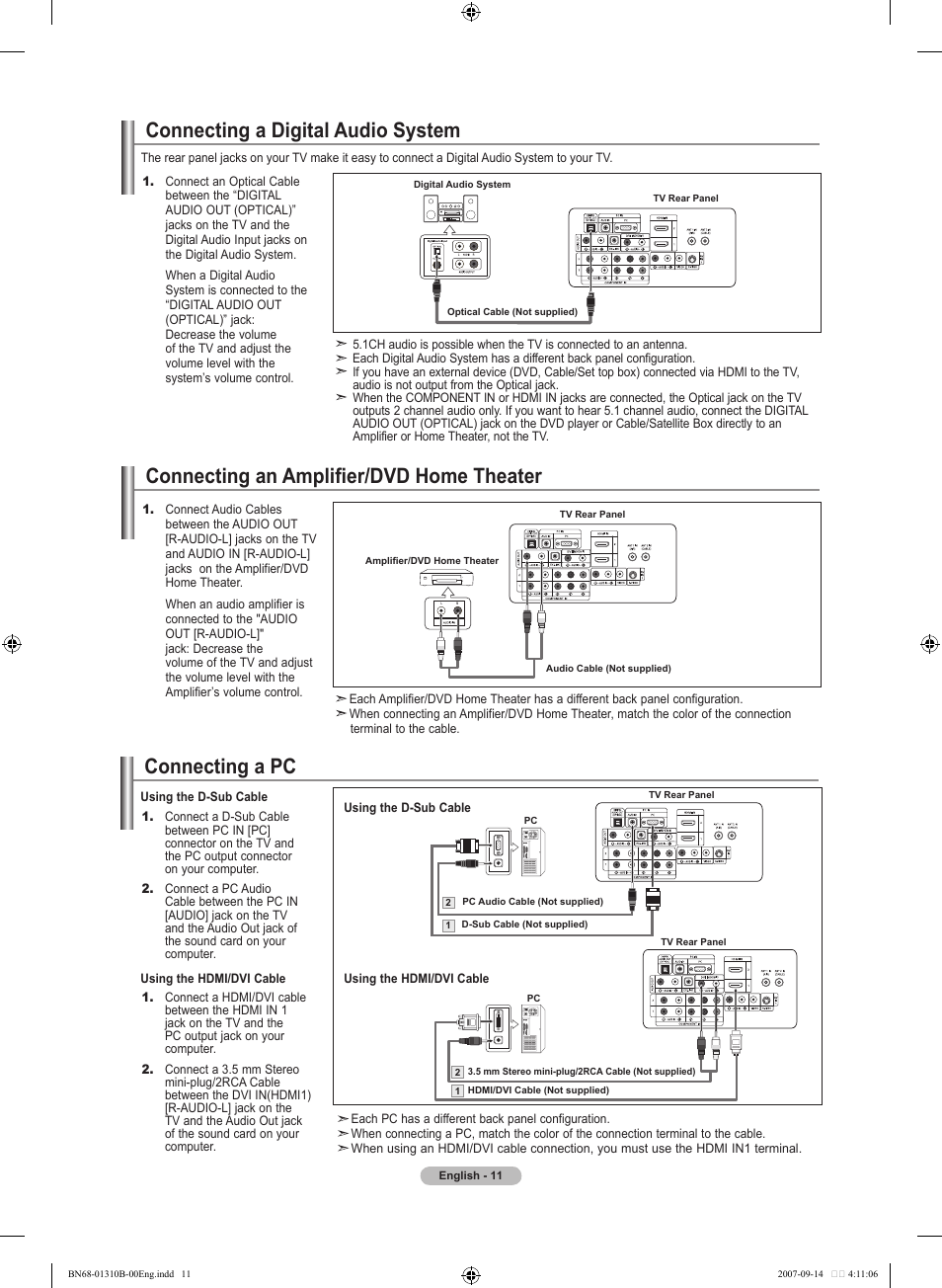 Connecting a digital audio system, Connecting an amplifier/dvd home theater, Connecting a pc | Samsung LNT4069FX-XAA User Manual | Page 13 / 271