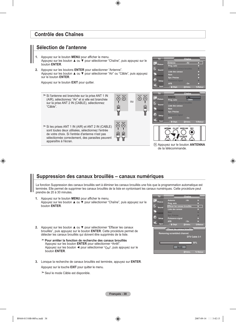 Contrôle des chaînes sélection de l'antenne | Samsung LNT4069FX-XAA User Manual | Page 130 / 271