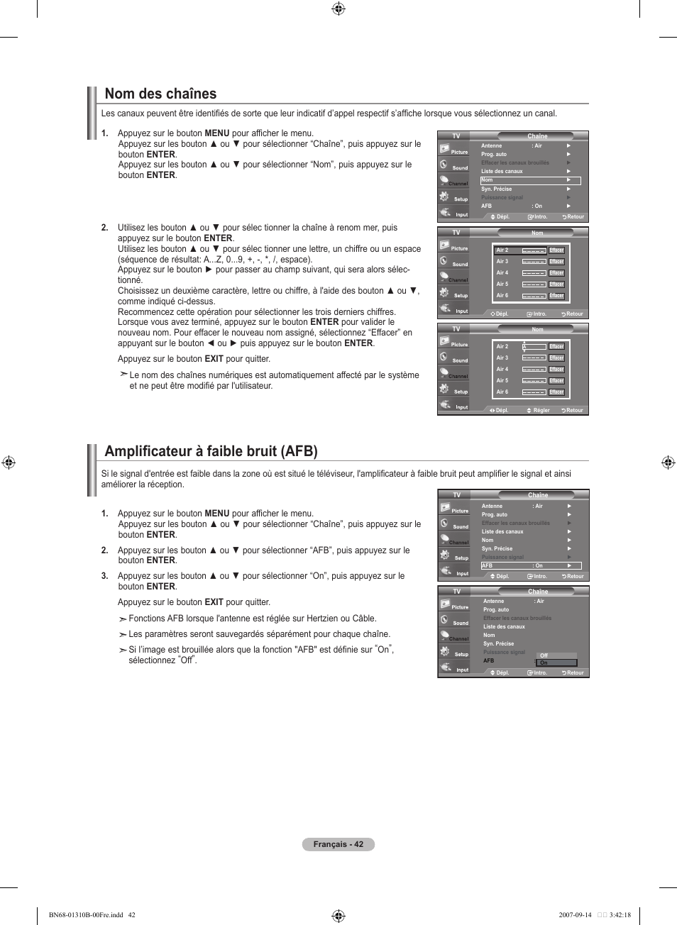 Nom des chaînes, Amplificateur à faible bruit (afb) | Samsung LNT4069FX-XAA User Manual | Page 134 / 271