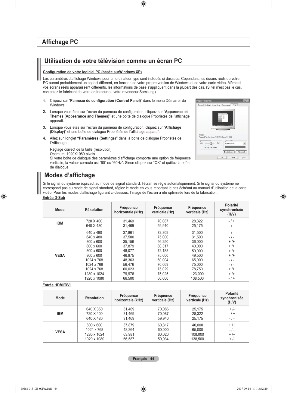 Utilisation de votre télévision comme un écran pc, Modes d’affichage, Affichage pc | Samsung LNT4069FX-XAA User Manual | Page 136 / 271