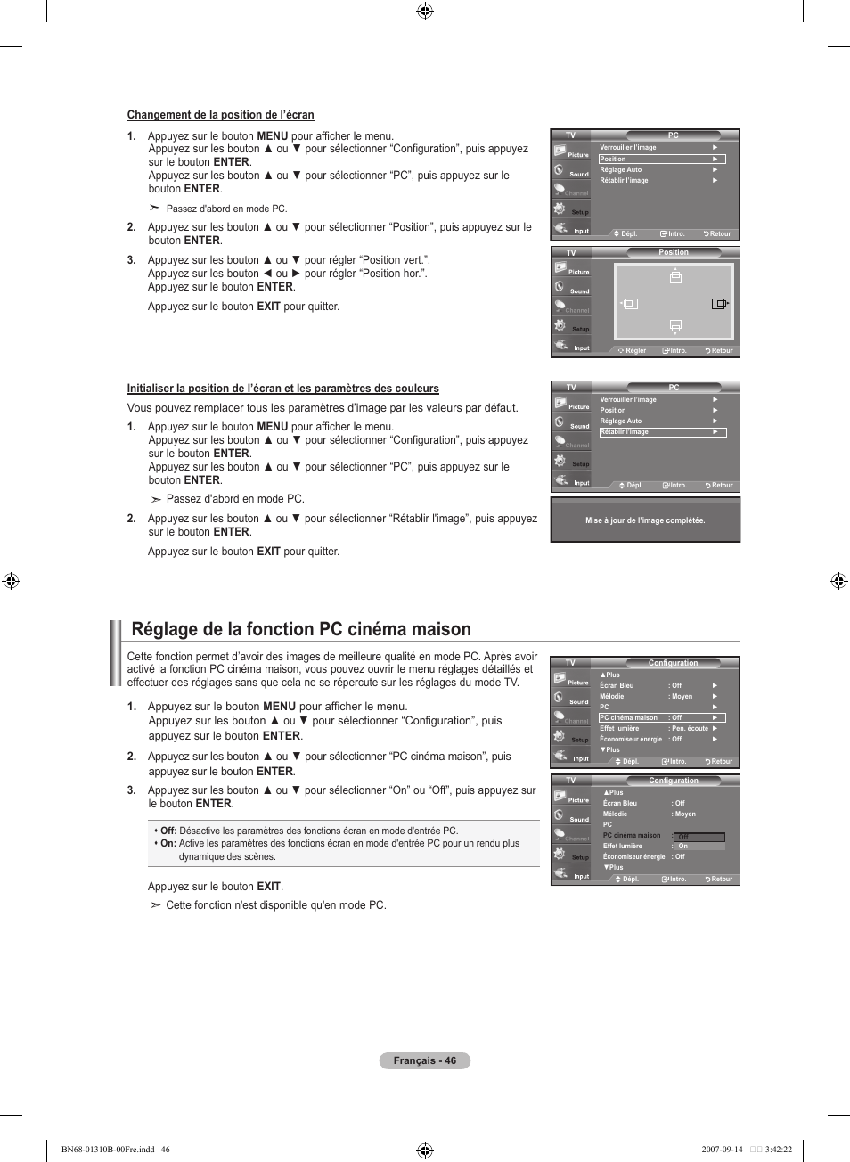 Réglage de la fonction pc cinéma maison | Samsung LNT4069FX-XAA User Manual | Page 138 / 271