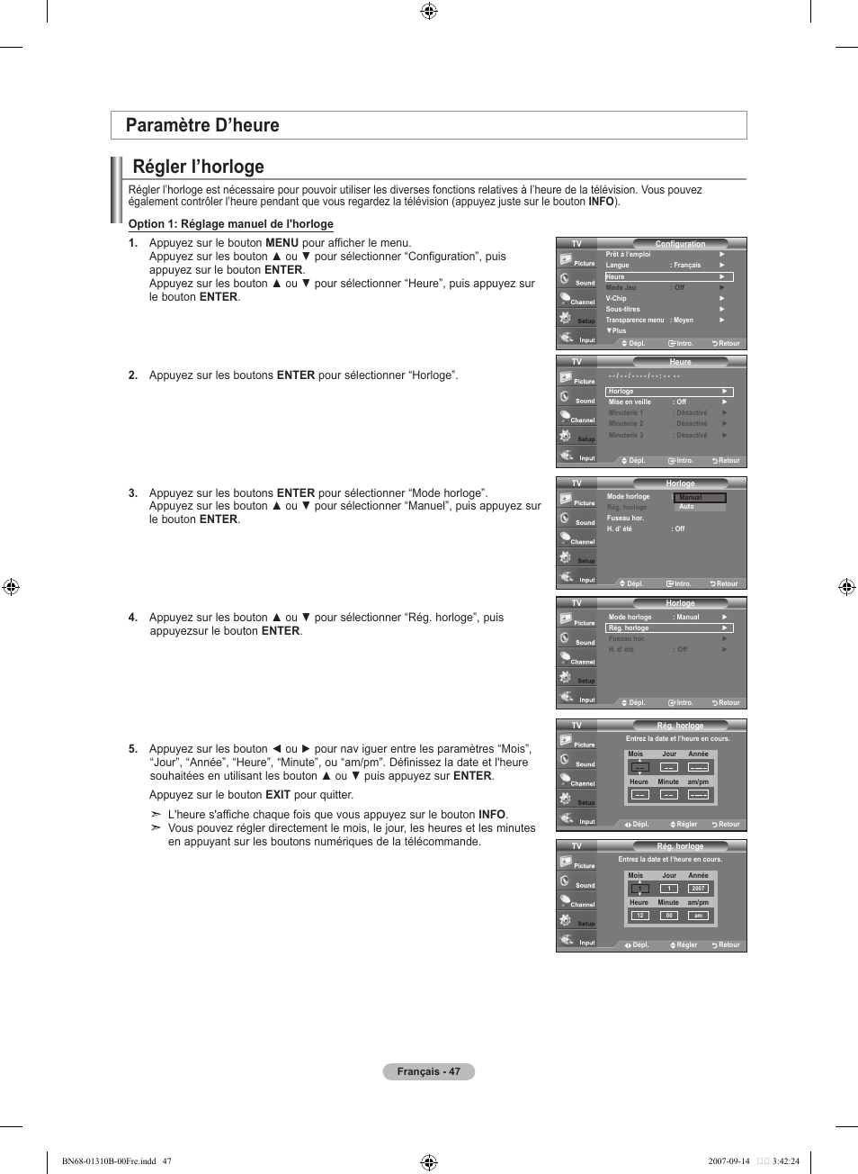 Régler l’horloge, Paramètre d’heure | Samsung LNT4069FX-XAA User Manual | Page 139 / 271