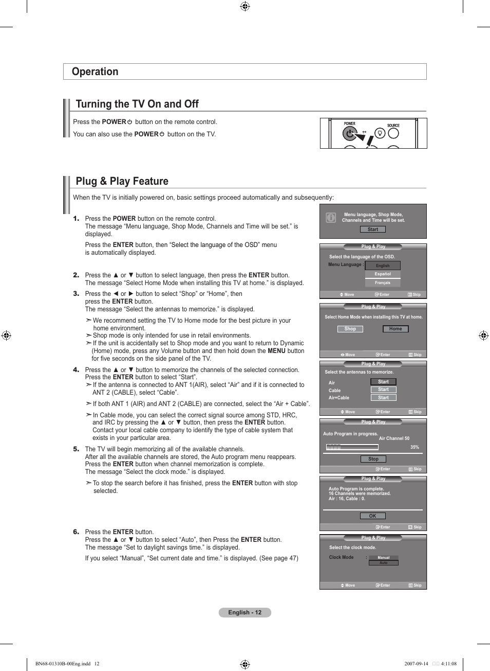 Operation, Turning the tv on and off, Plug & play feature | Samsung LNT4069FX-XAA User Manual | Page 14 / 271