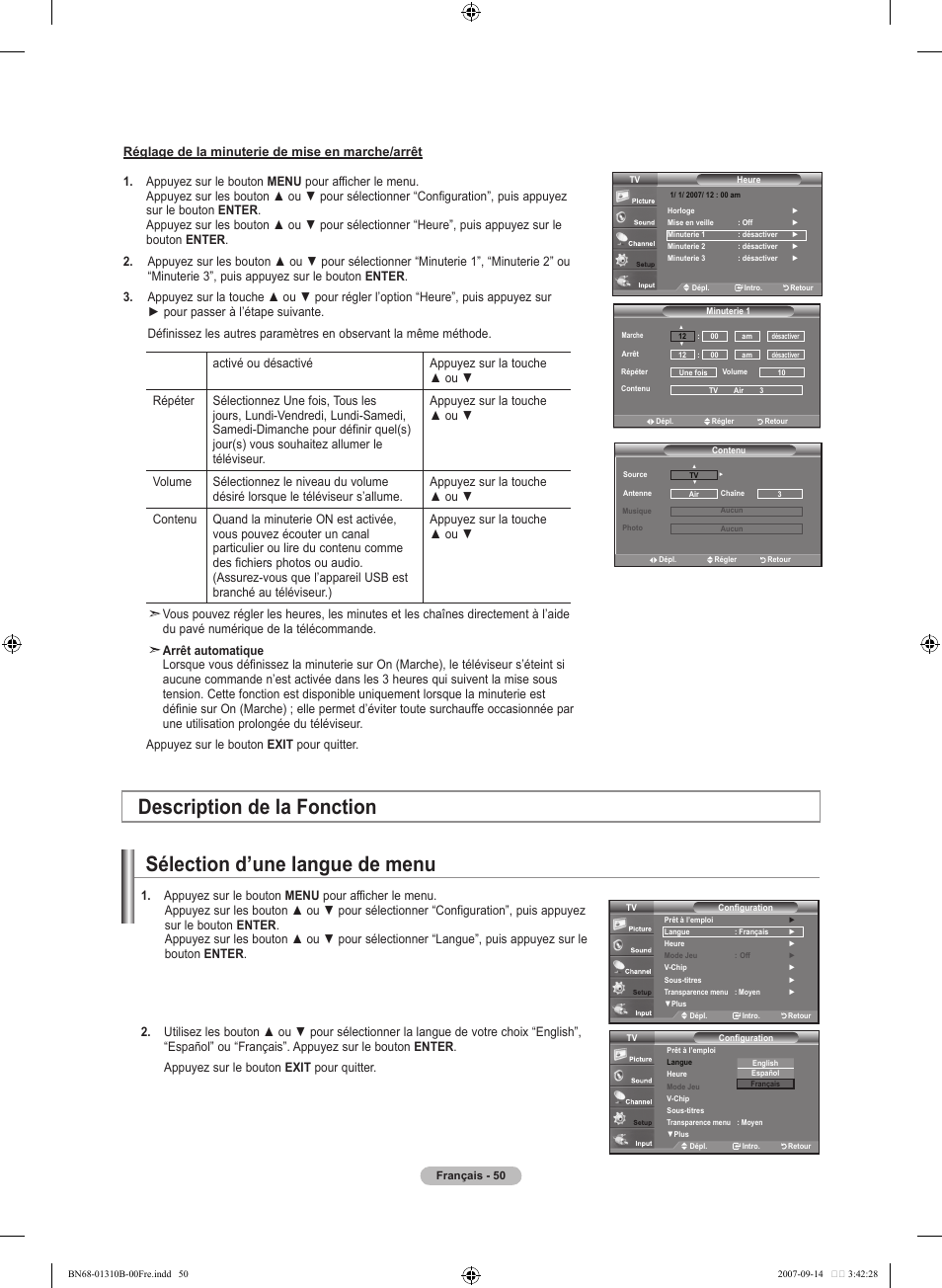 Sélection d’une langue de menu, Description de la fonction | Samsung LNT4069FX-XAA User Manual | Page 142 / 271
