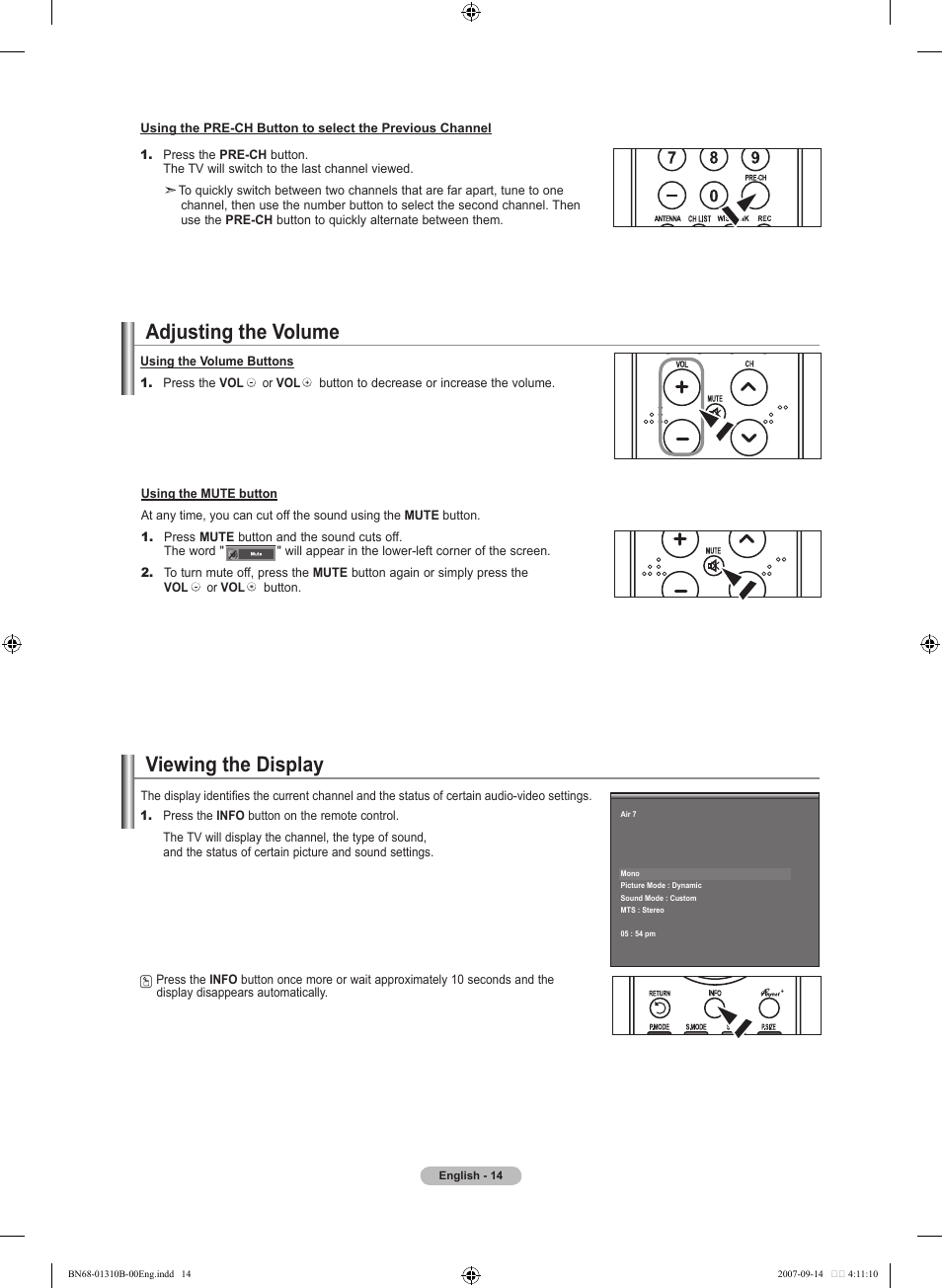 Adjusting the volume, Viewing the display | Samsung LNT4069FX-XAA User Manual | Page 16 / 271