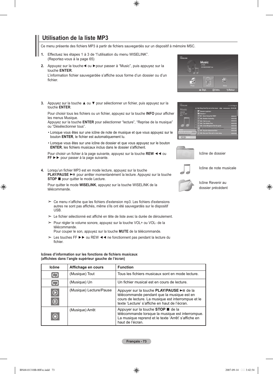 Utilisation de la liste mp | Samsung LNT4069FX-XAA User Manual | Page 165 / 271