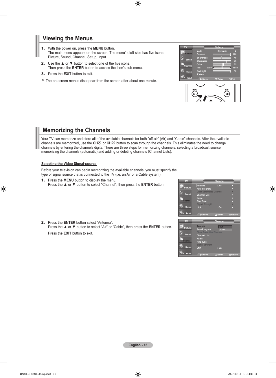 Viewing the menus, Memorizing the channels | Samsung LNT4069FX-XAA User Manual | Page 17 / 271