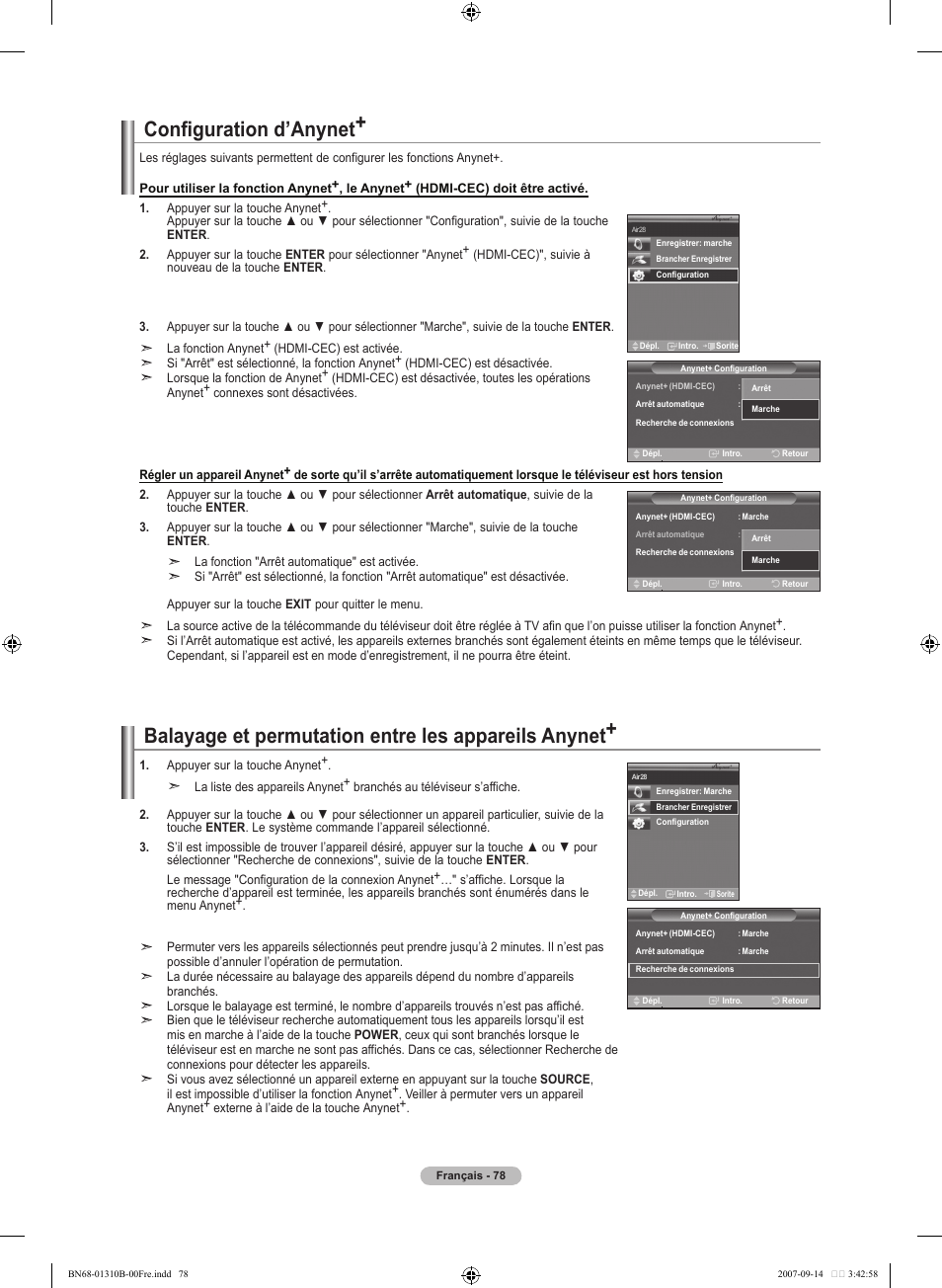 Configuration d’anynet, Balayage et permutation entre les appareils anynet | Samsung LNT4069FX-XAA User Manual | Page 170 / 271