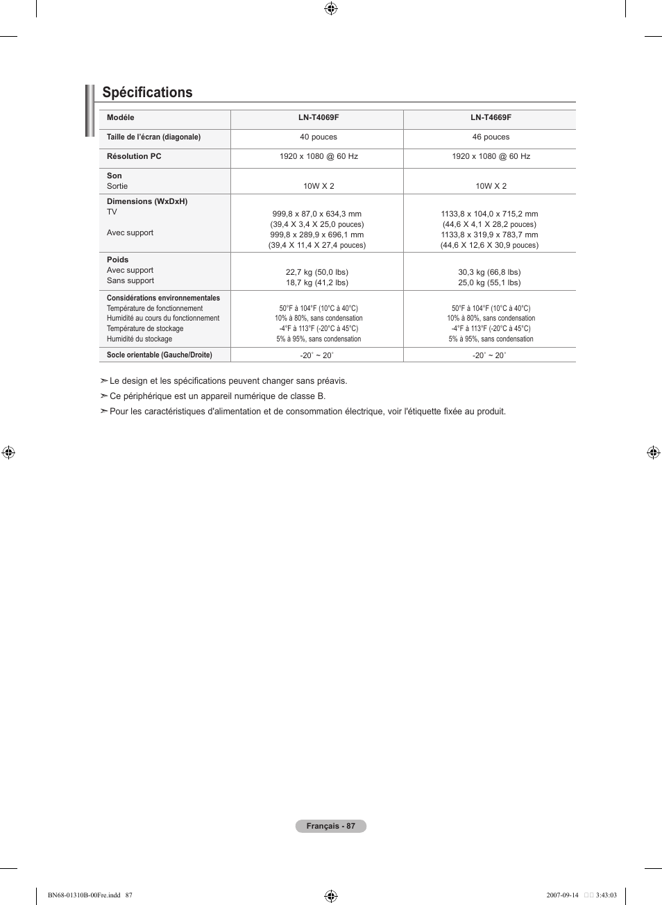Spécifications | Samsung LNT4069FX-XAA User Manual | Page 179 / 271
