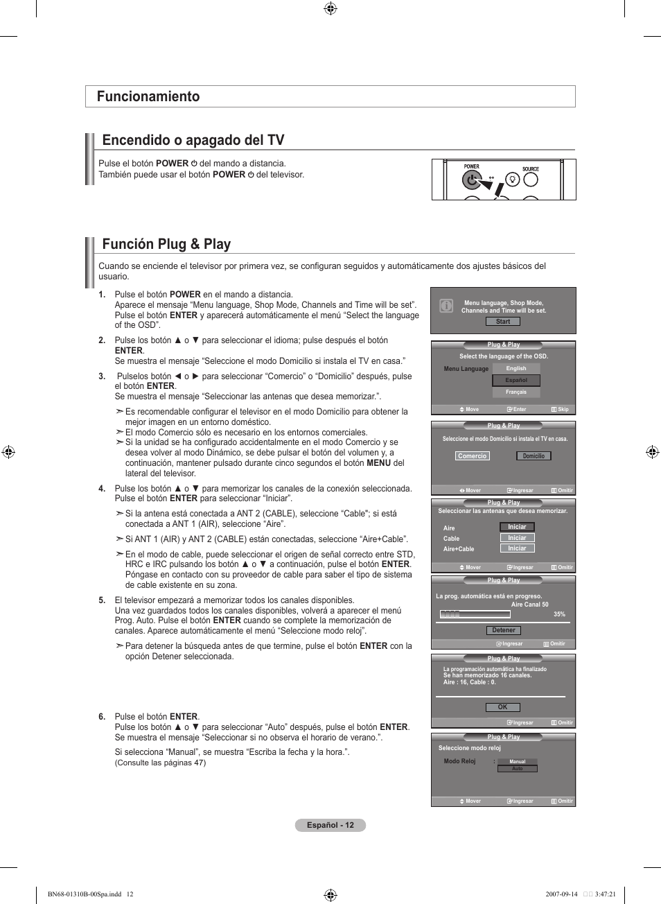 Función plug & play, Encendido o apagado del tv, Funcionamiento | Samsung LNT4069FX-XAA User Manual | Page 194 / 271