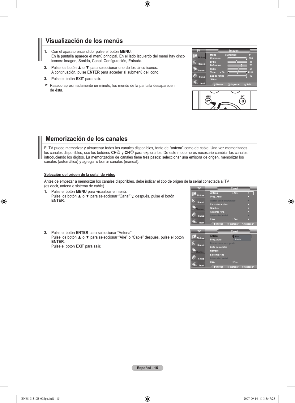 Visualización de los menús | Samsung LNT4069FX-XAA User Manual | Page 197 / 271
