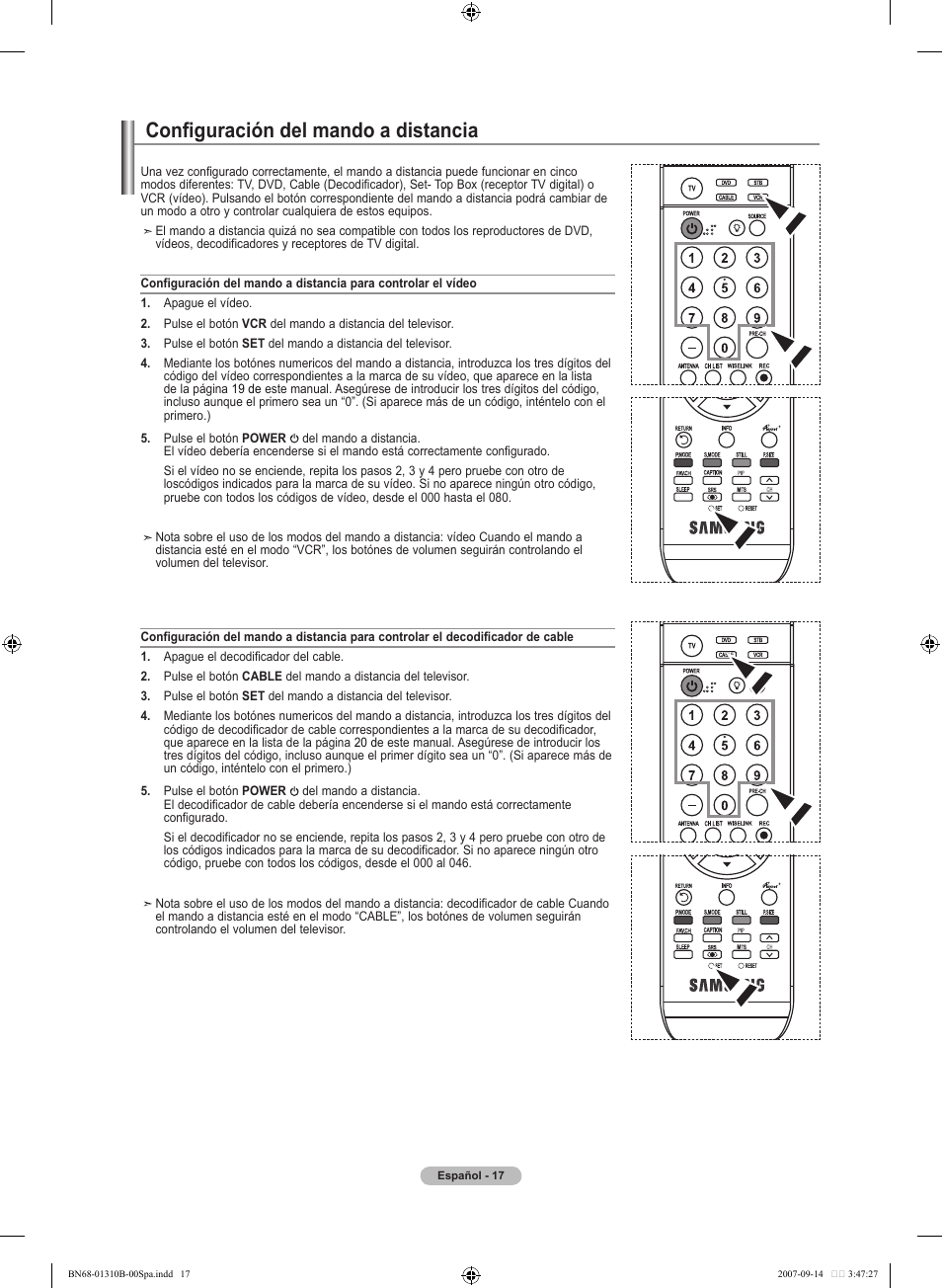 Configuración del mando a distancia | Samsung LNT4069FX-XAA User Manual | Page 199 / 271
