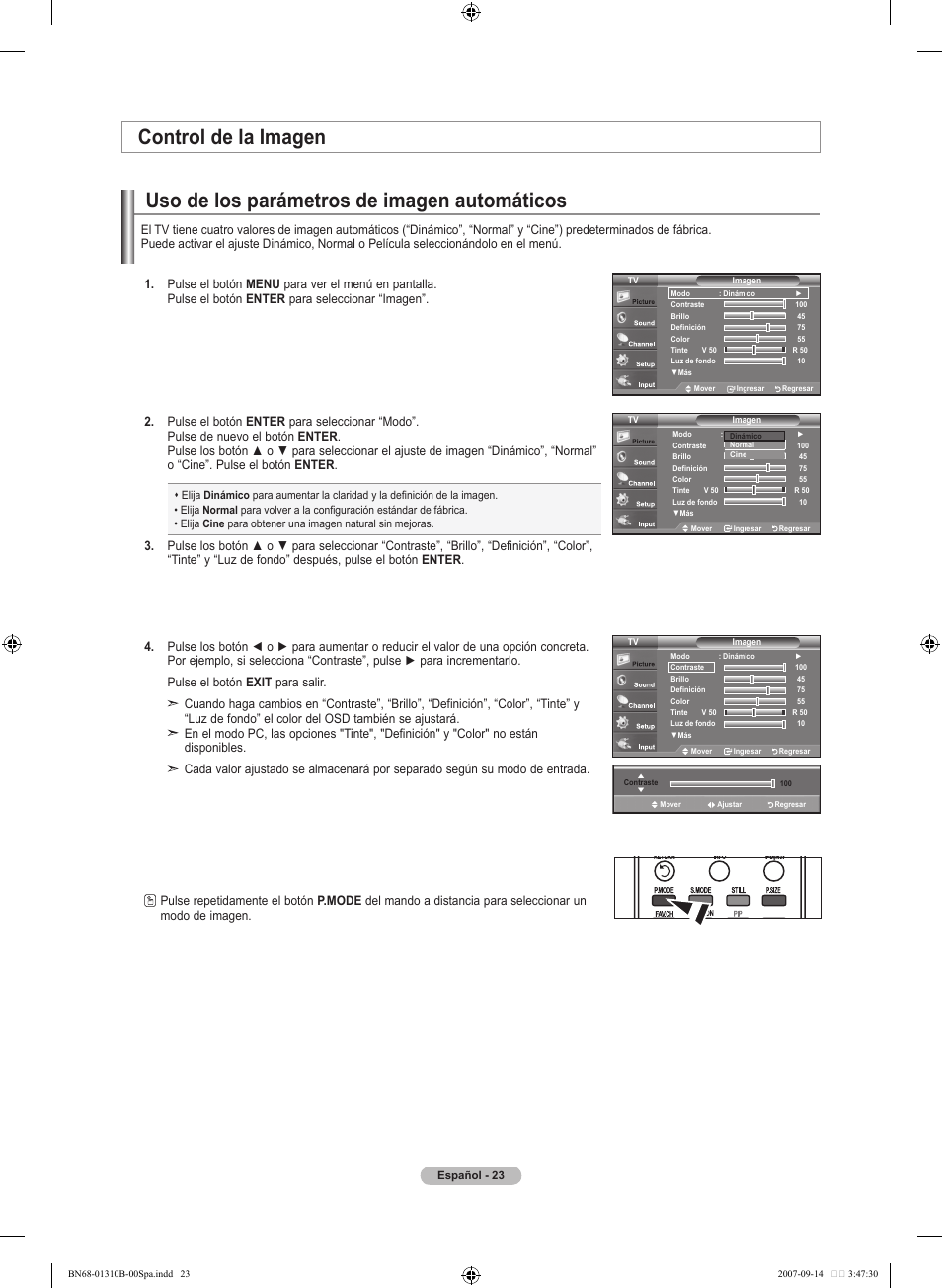 Uso de los parámetros de imagen automáticos, Control de la imagen | Samsung LNT4069FX-XAA User Manual | Page 205 / 271