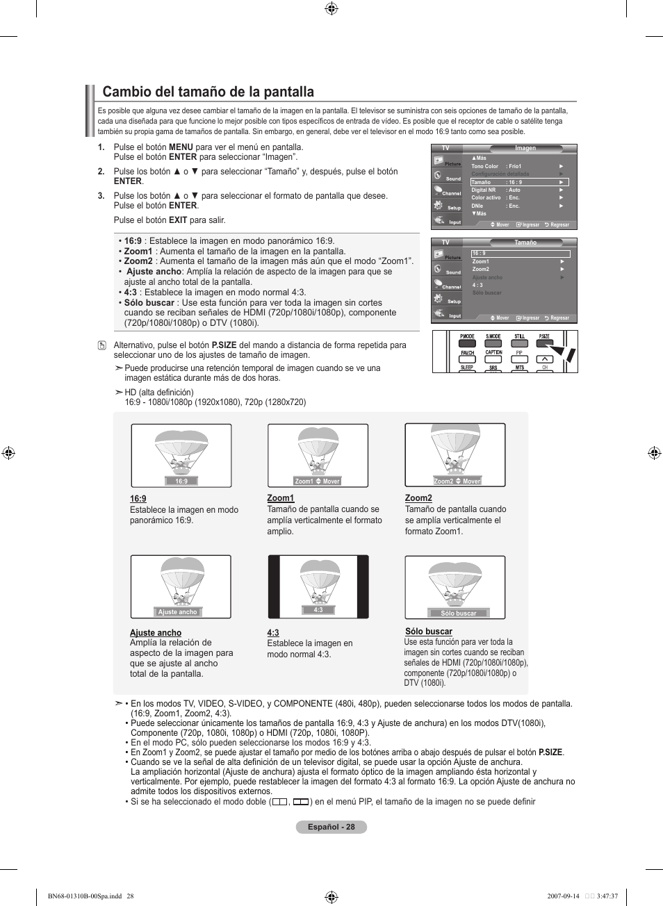 Cambio del tamaño de la pantalla | Samsung LNT4069FX-XAA User Manual | Page 210 / 271