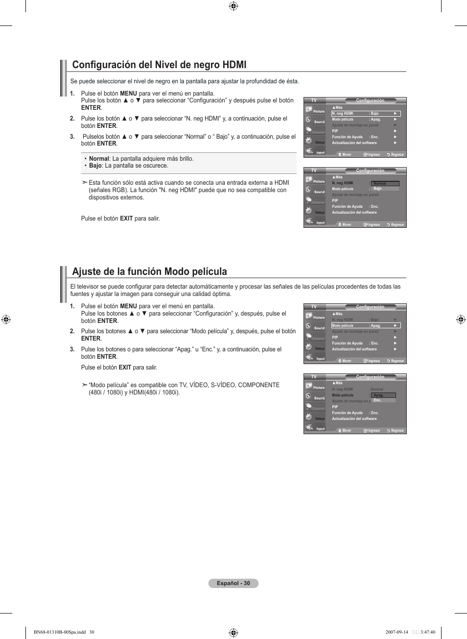 Configuración del nivel de negro hdmi, Ajuste de la función modo película | Samsung LNT4069FX-XAA User Manual | Page 212 / 271