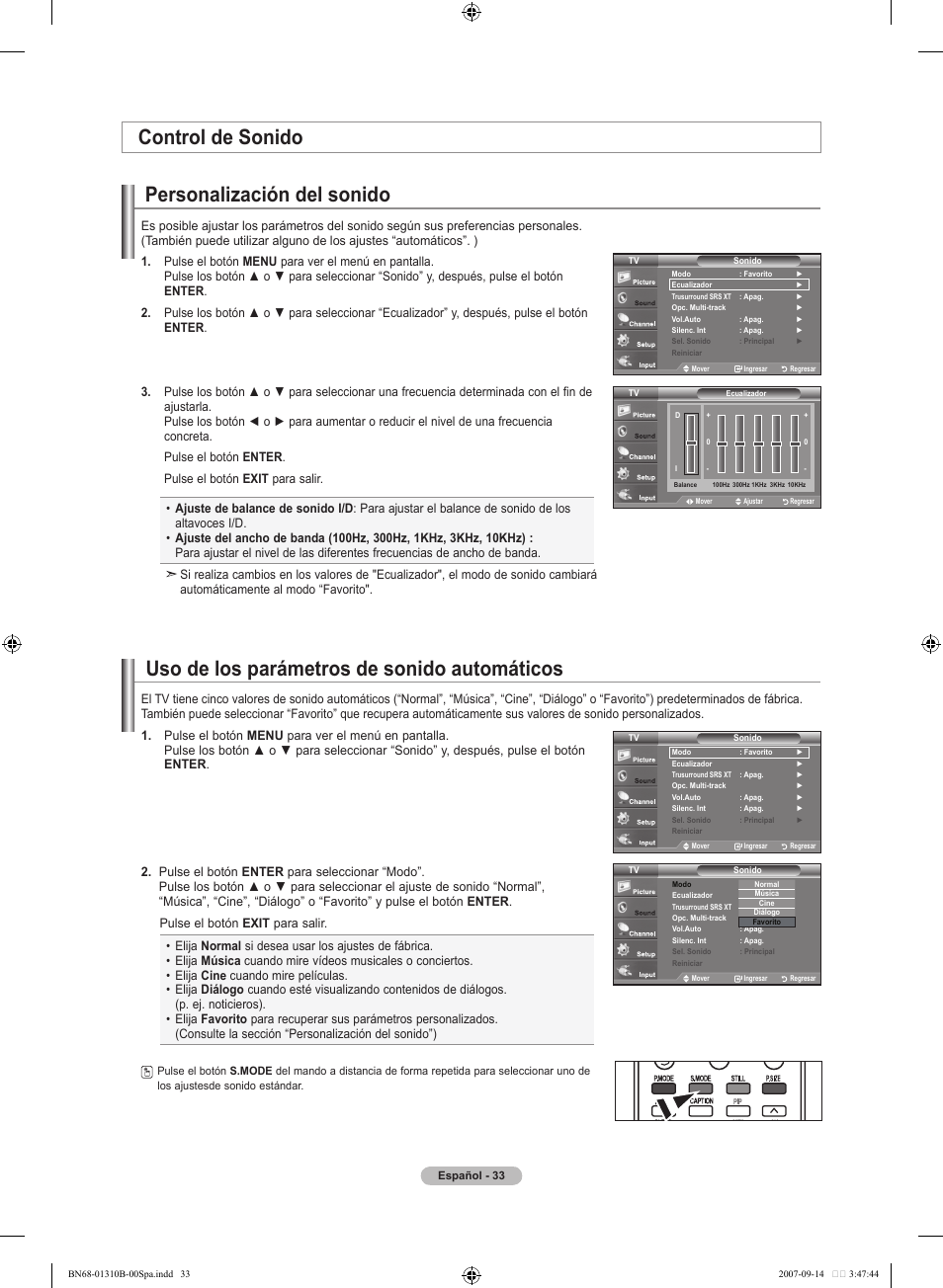 Personalización del sonido, Uso de los parámetros de sonido automáticos, Control de sonido | Samsung LNT4069FX-XAA User Manual | Page 215 / 271