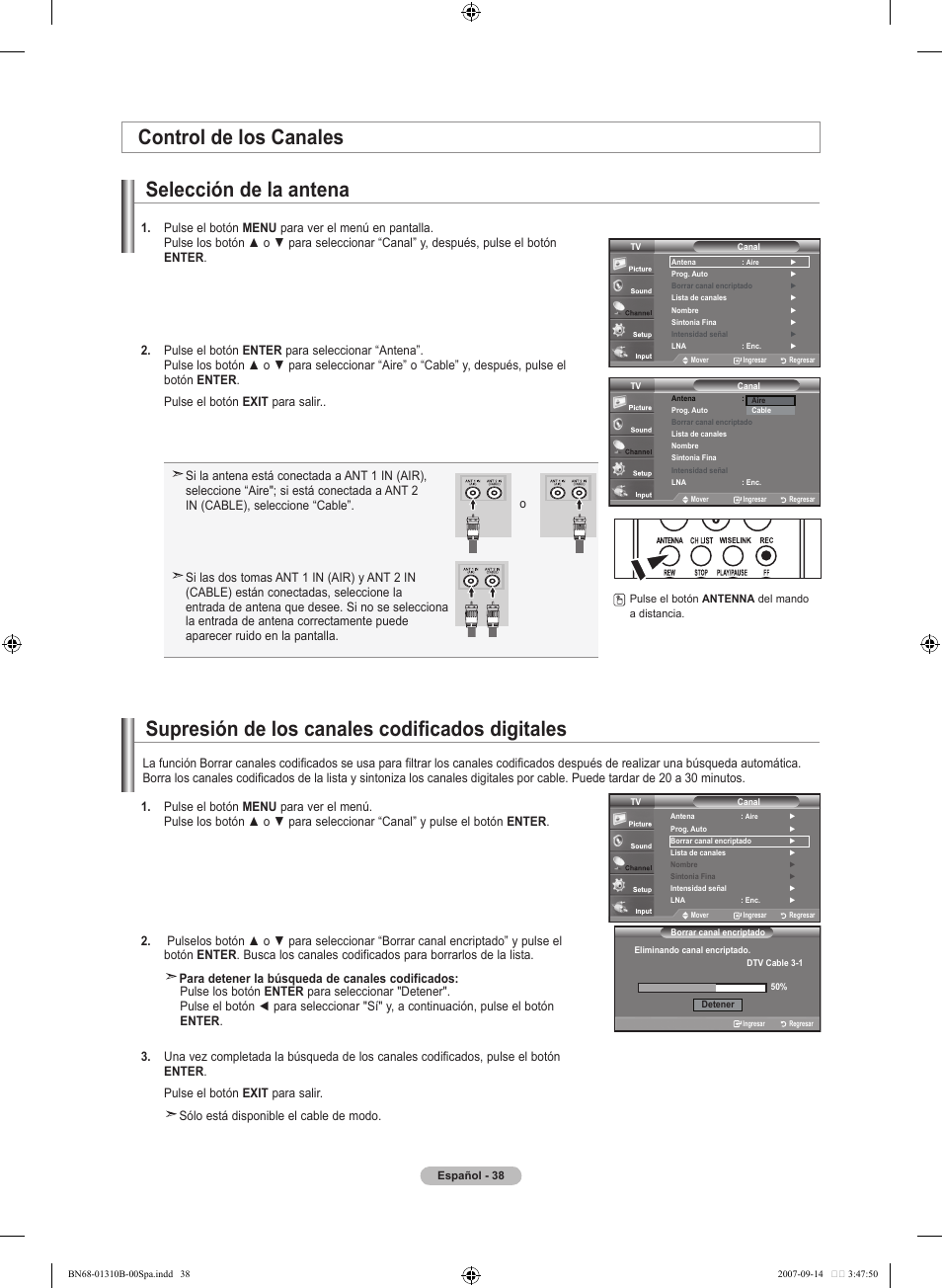 Control de los canales selección de la antena, Supresión de los canales codificados digitales | Samsung LNT4069FX-XAA User Manual | Page 220 / 271