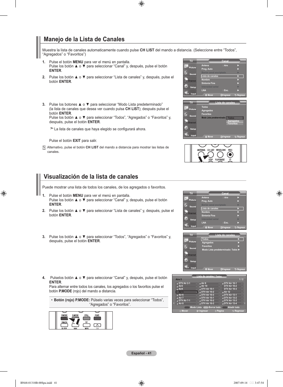 Manejo de la lista de canales, Visualización de la lista de canales | Samsung LNT4069FX-XAA User Manual | Page 223 / 271