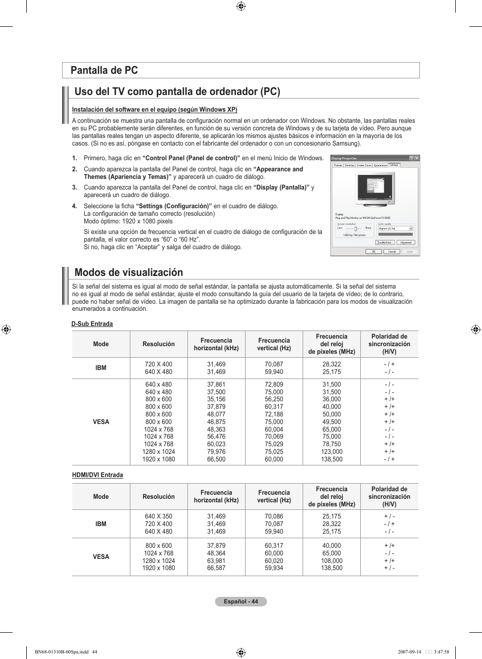Uso del tv como pantalla de ordenador (pc), Modos de visualización pantalla de pc | Samsung LNT4069FX-XAA User Manual | Page 226 / 271