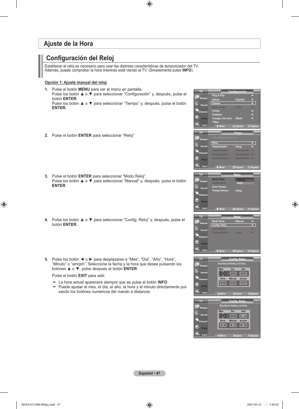 Configuración del reloj, Ajuste de la hora | Samsung LNT4069FX-XAA User Manual | Page 229 / 271