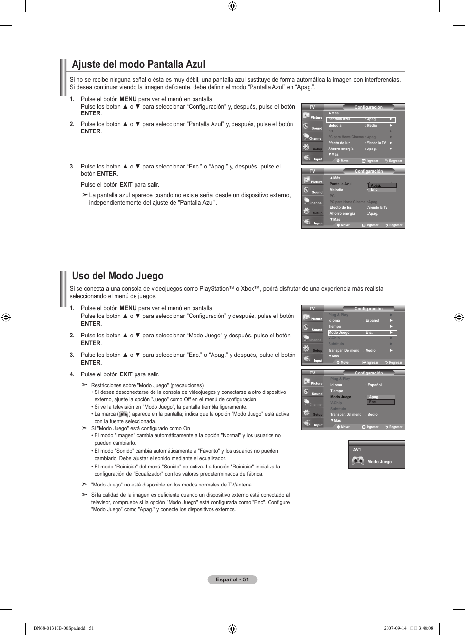 Ajuste del modo pantalla azul, Uso del modo juego | Samsung LNT4069FX-XAA User Manual | Page 233 / 271