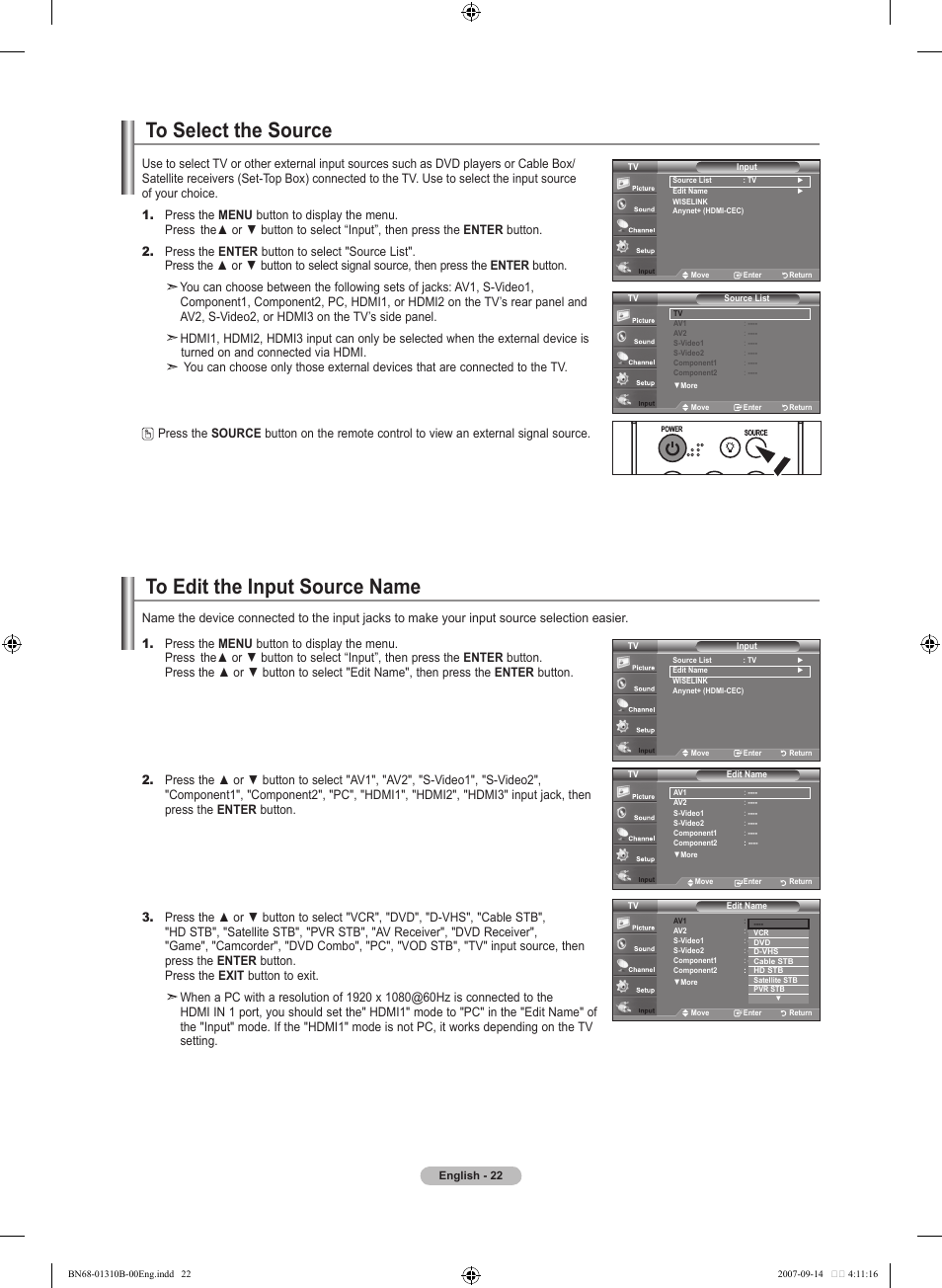 To select the source, To edit the input source name | Samsung LNT4069FX-XAA User Manual | Page 24 / 271