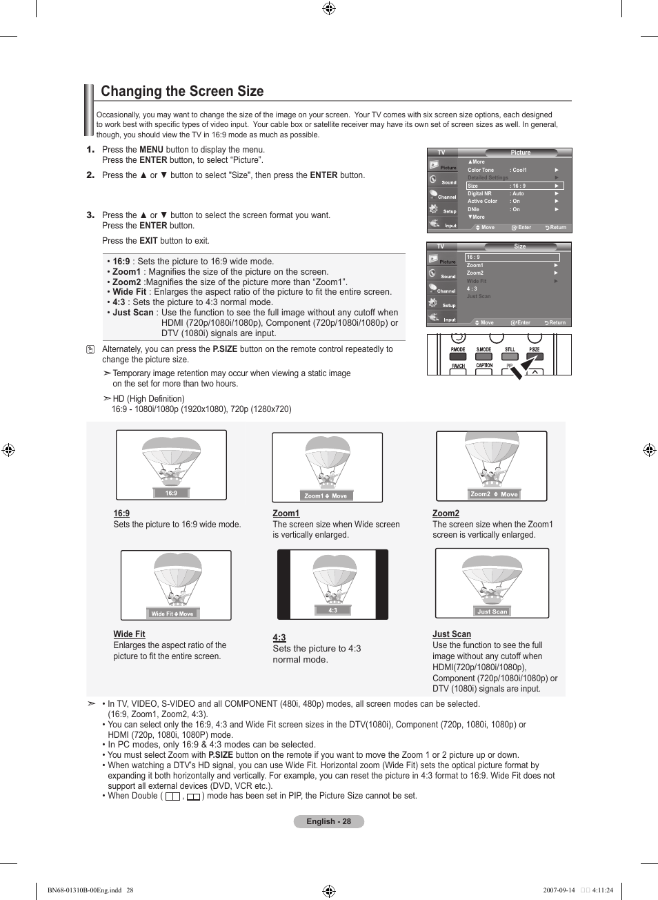 Changing the screen size | Samsung LNT4069FX-XAA User Manual | Page 30 / 271
