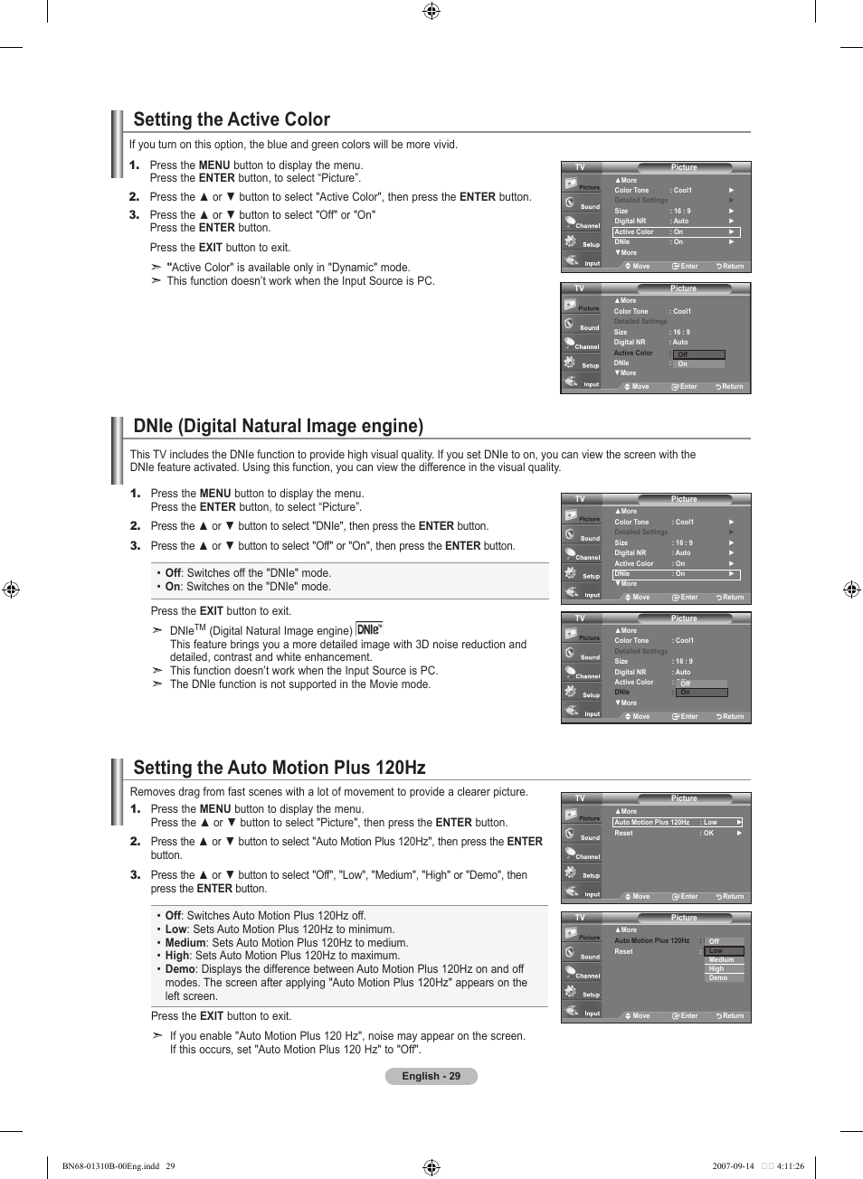 Setting the active color, Dnie (digital natural image engine), Setting the auto motion plus 120hz | Samsung LNT4069FX-XAA User Manual | Page 31 / 271