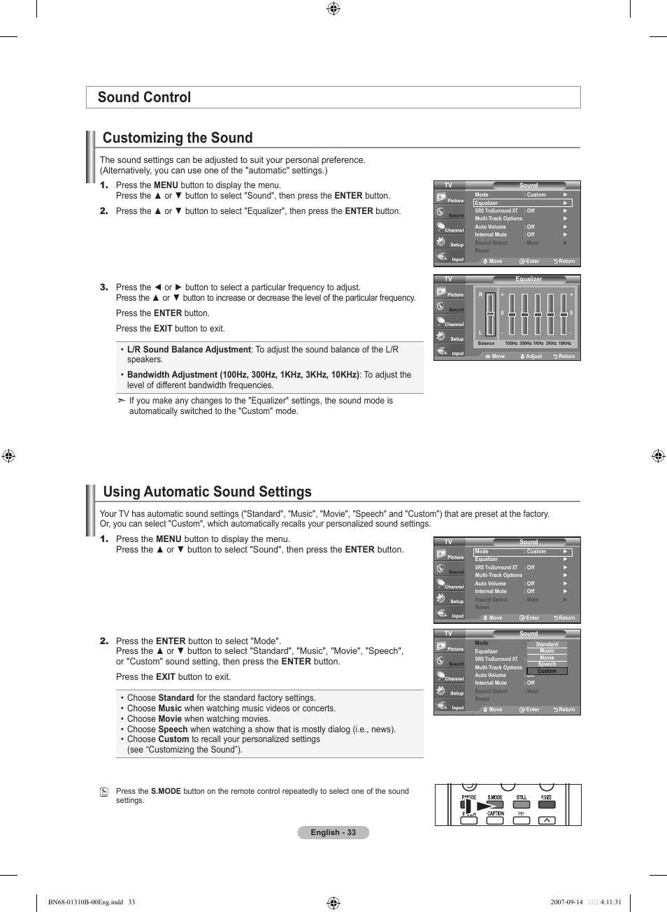 Sound control, Customizing the sound, Using automatic sound settings | Samsung LNT4069FX-XAA User Manual | Page 35 / 271