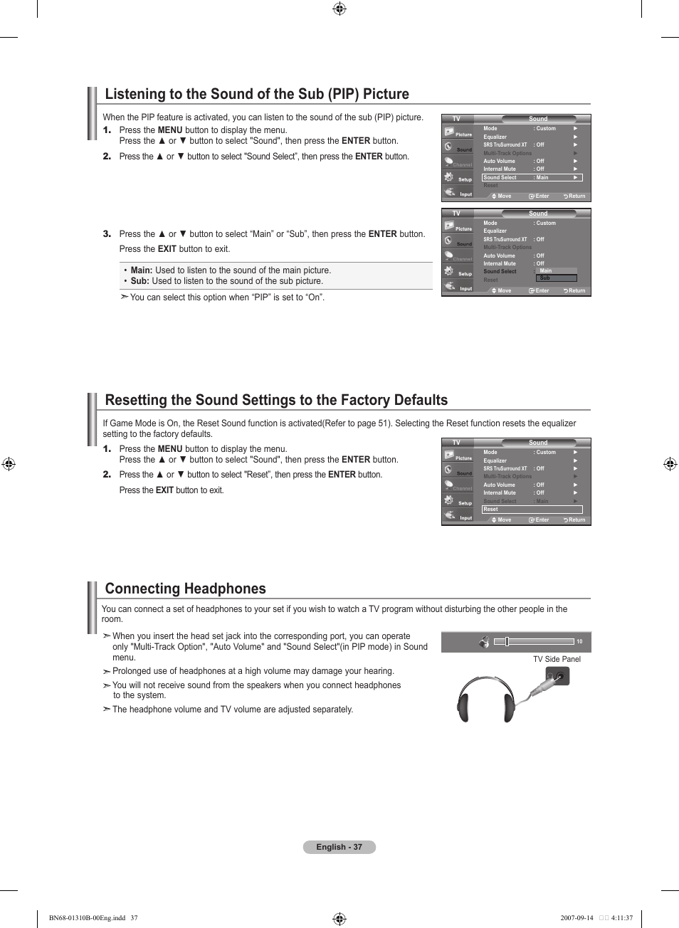 Listening to the sound of the sub (pip) picture, Connecting headphones | Samsung LNT4069FX-XAA User Manual | Page 39 / 271