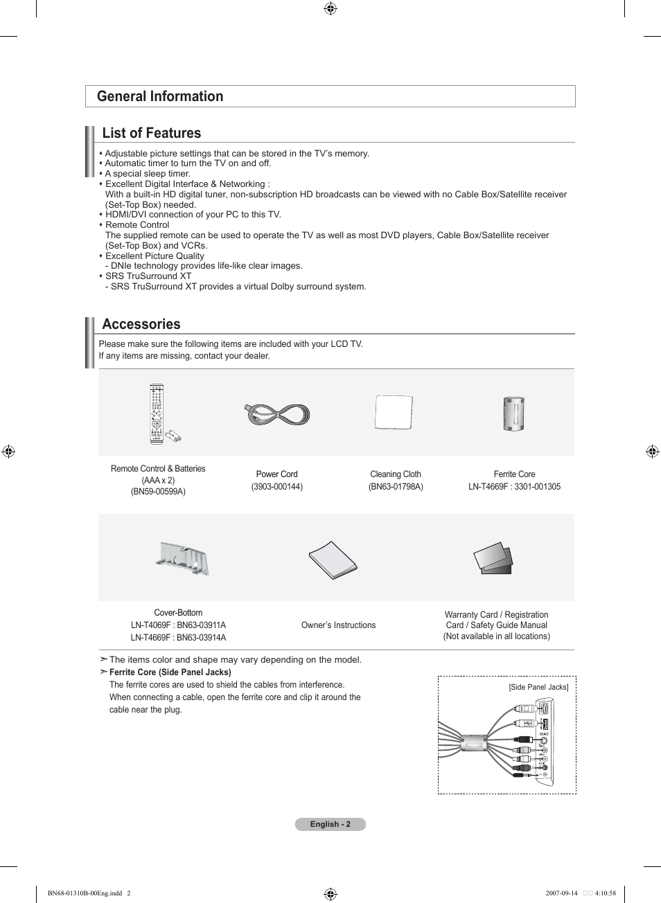 General information, List of features, Accessories | General information list of features | Samsung LNT4069FX-XAA User Manual | Page 4 / 271