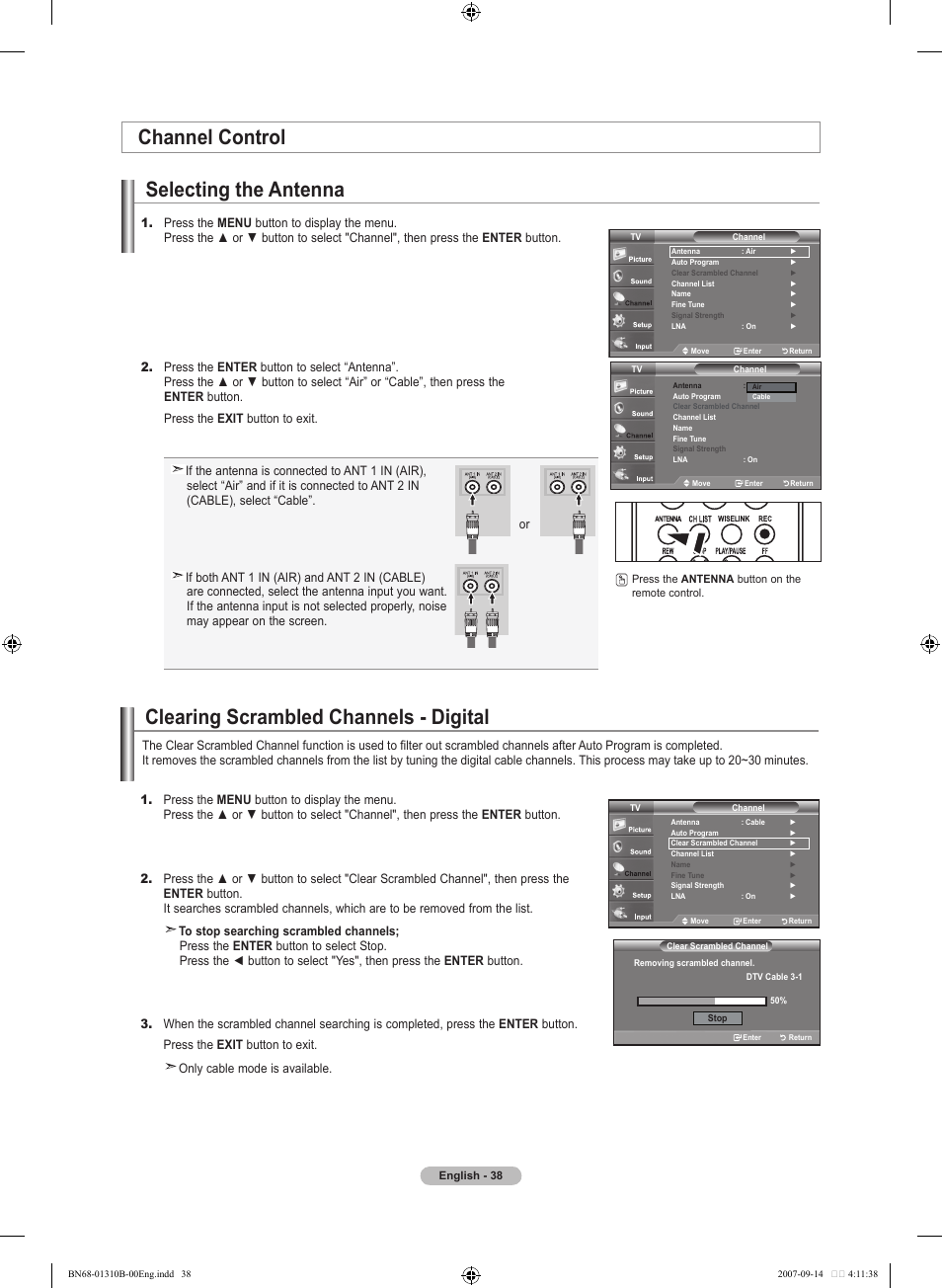 Channel control, Selecting the antenna, Clearing scrambled channels - digital | Channel control selecting the antenna | Samsung LNT4069FX-XAA User Manual | Page 40 / 271