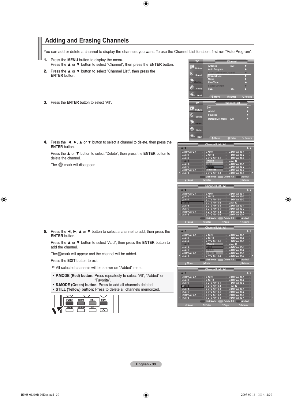 Adding and erasing channels | Samsung LNT4069FX-XAA User Manual | Page 41 / 271