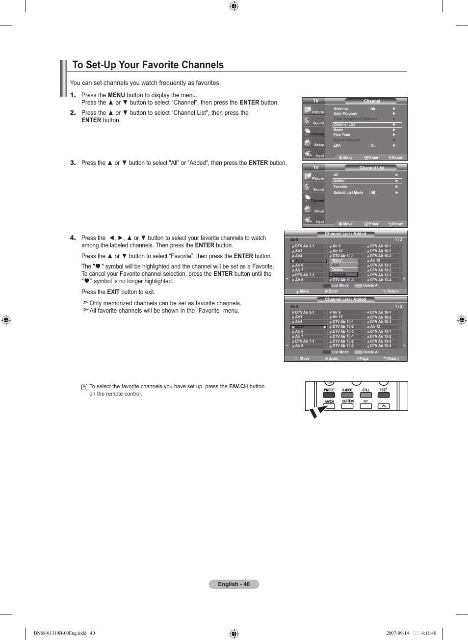 To set-up your favorite channels | Samsung LNT4069FX-XAA User Manual | Page 42 / 271