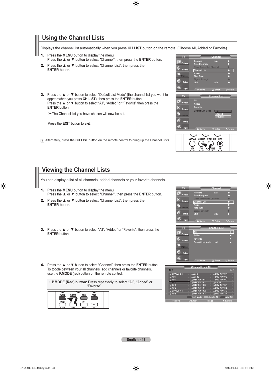 Using the channel lists, Viewing the channel lists | Samsung LNT4069FX-XAA User Manual | Page 43 / 271
