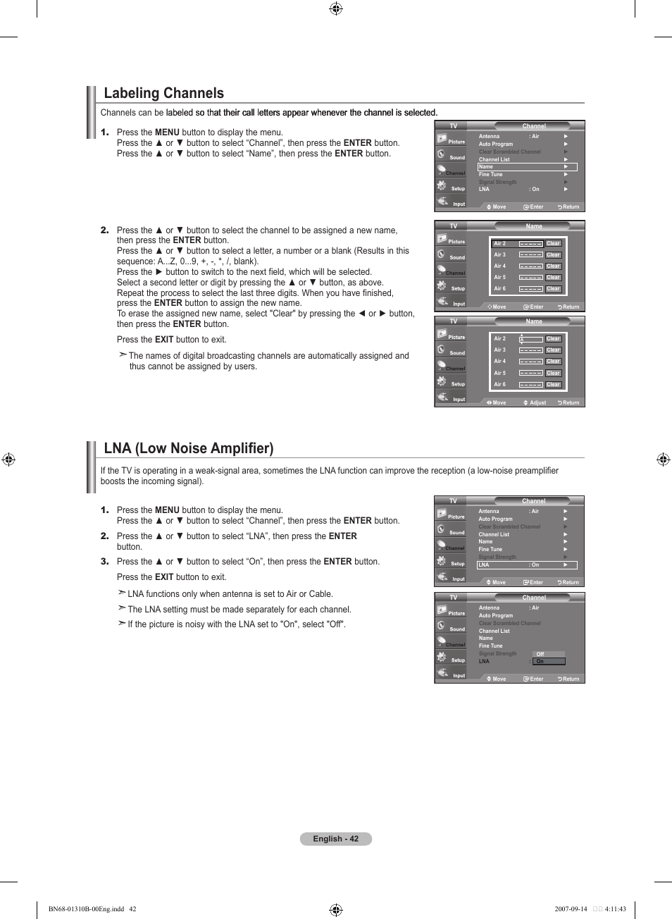 Labeling channels, Lna (low noise amplifier) | Samsung LNT4069FX-XAA User Manual | Page 44 / 271