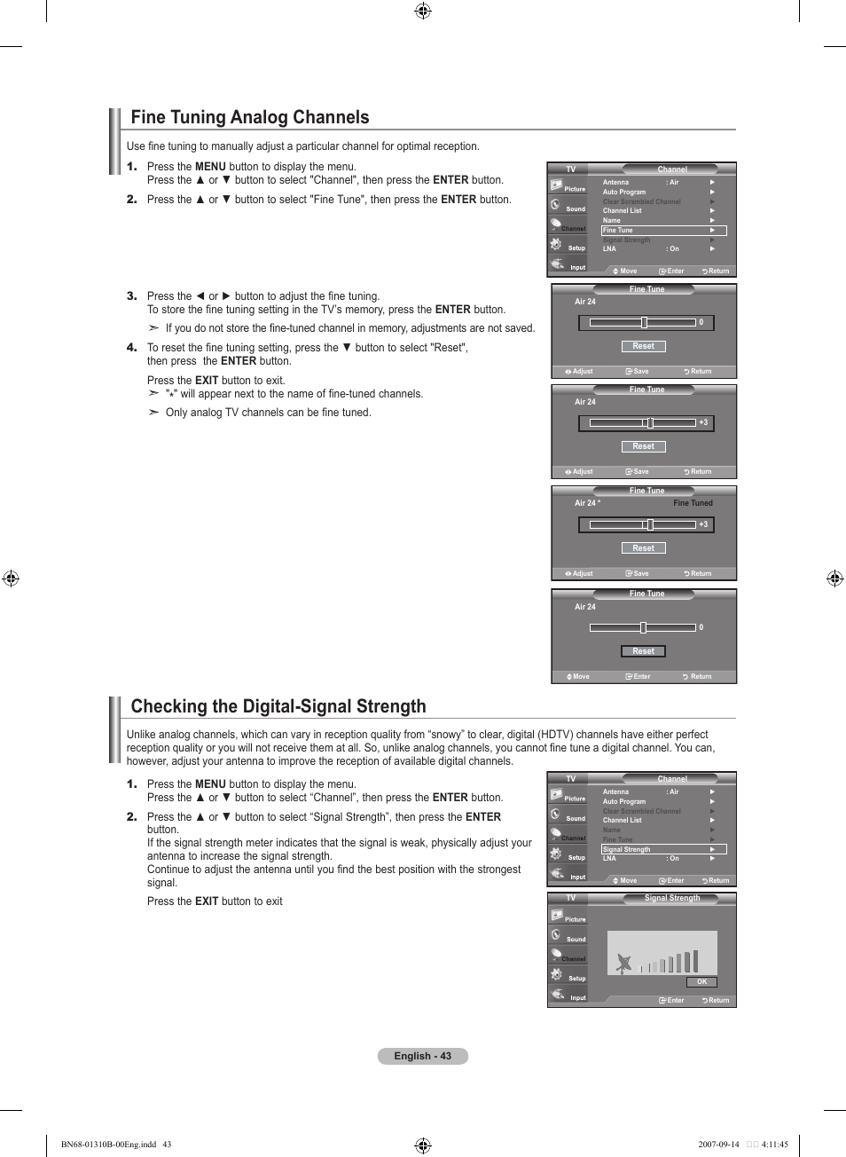 Fine tuning analog channels, Checking the digital-signal strength | Samsung LNT4069FX-XAA User Manual | Page 45 / 271