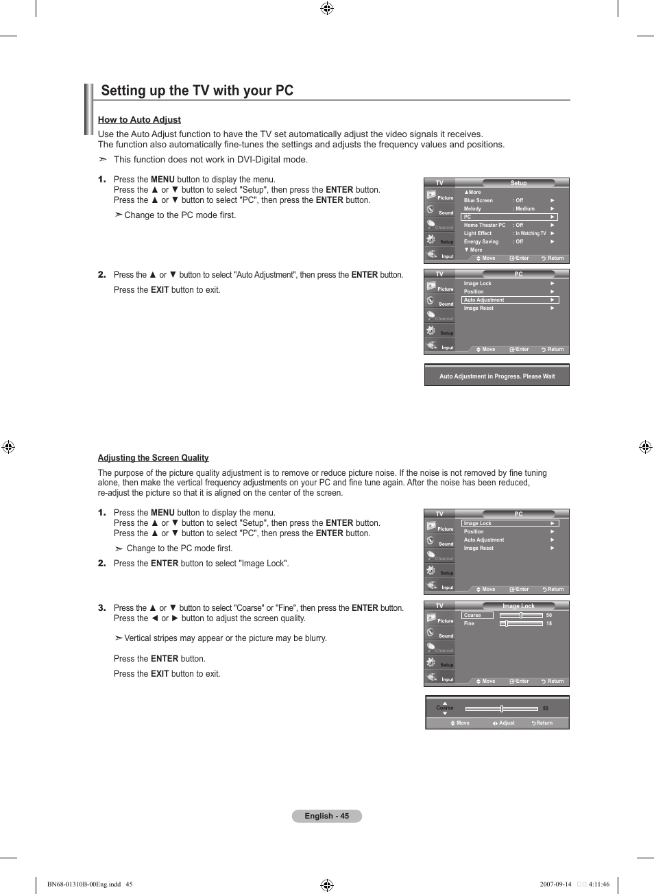 Setting up the tv with your pc, This function does not work in dvi-digital mode | Samsung LNT4069FX-XAA User Manual | Page 47 / 271