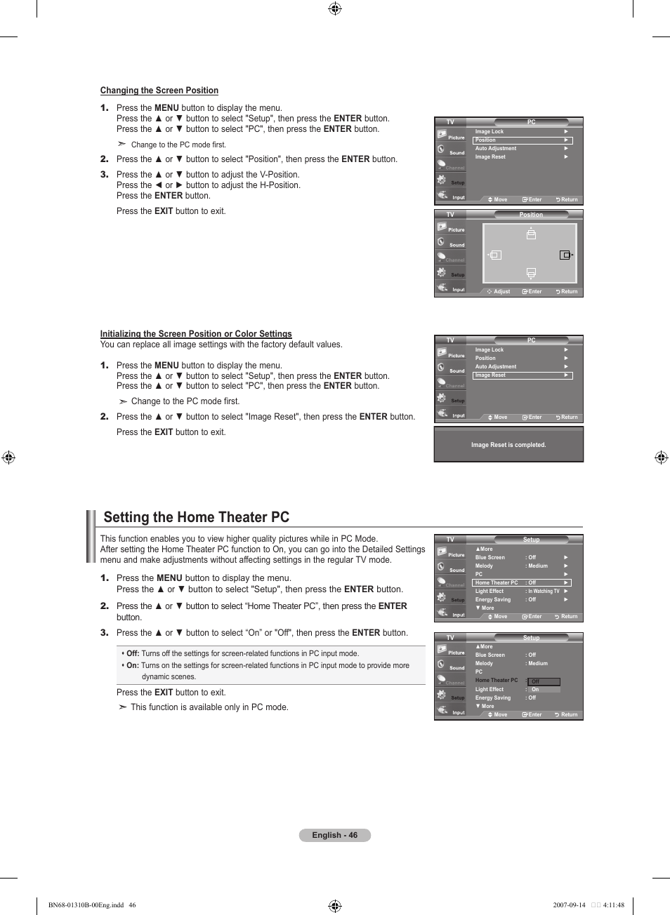 Setting the home theater pc | Samsung LNT4069FX-XAA User Manual | Page 48 / 271