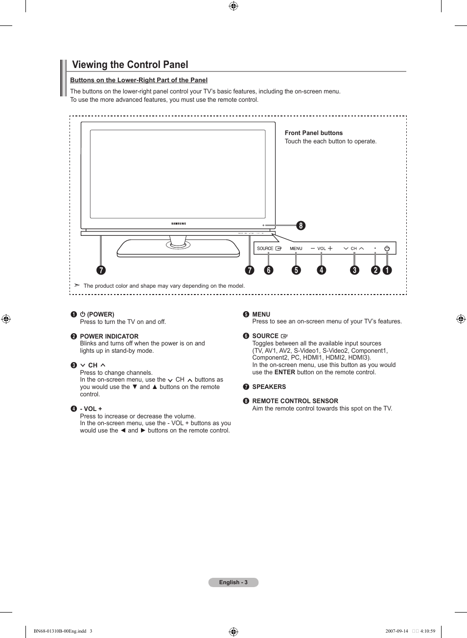 Viewing the control panel | Samsung LNT4069FX-XAA User Manual | Page 5 / 271